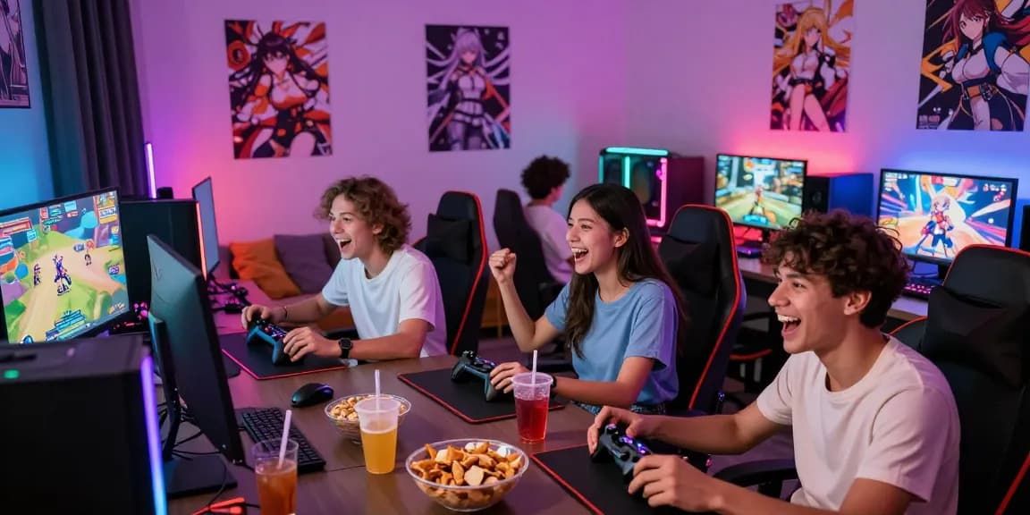Friends enjoying hentai game sessions in a vibrant gaming room filled with consoles and snacks.