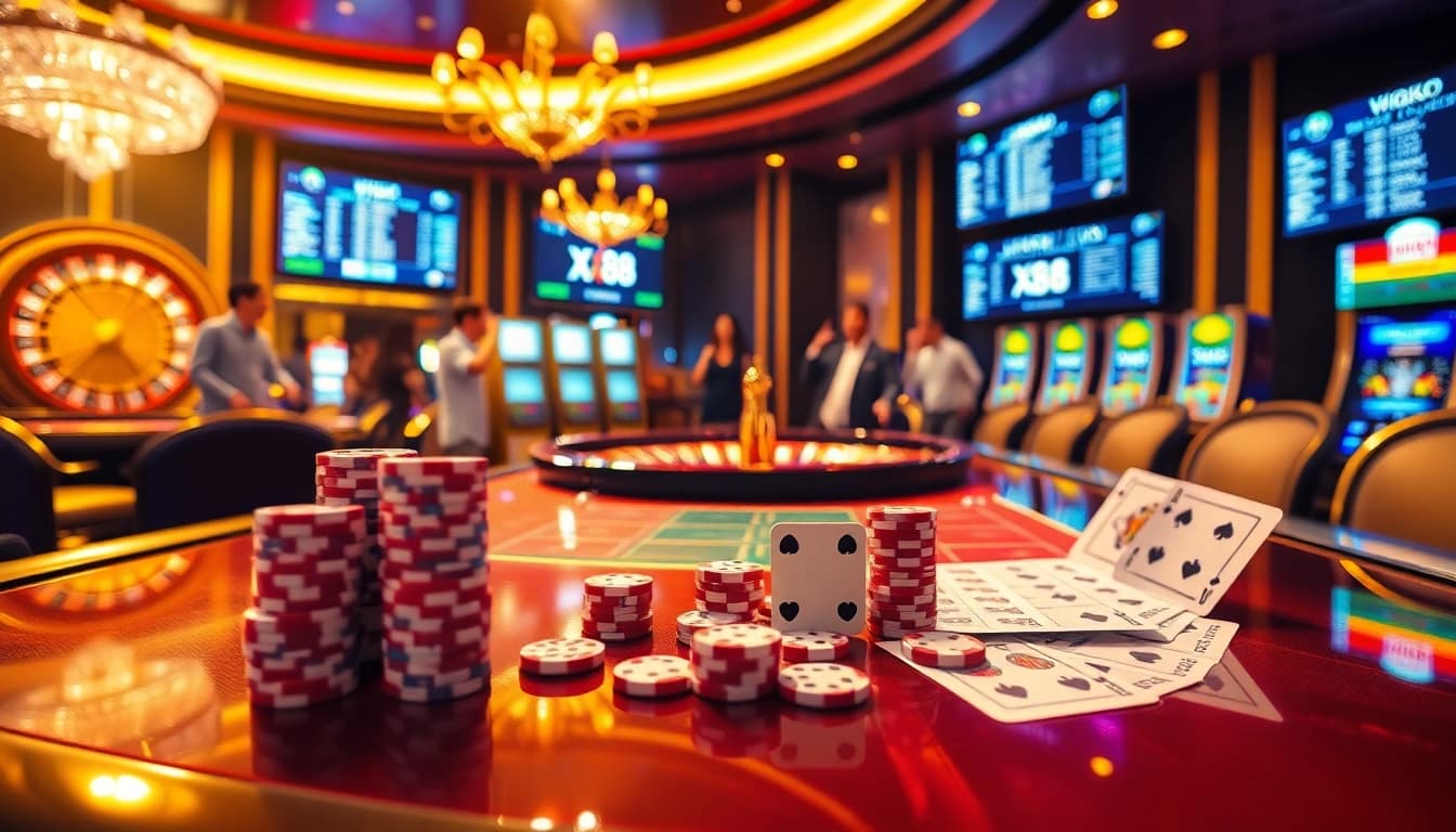 Experience the thrill of gaming at XX88 with vibrant casino tables and eager players.