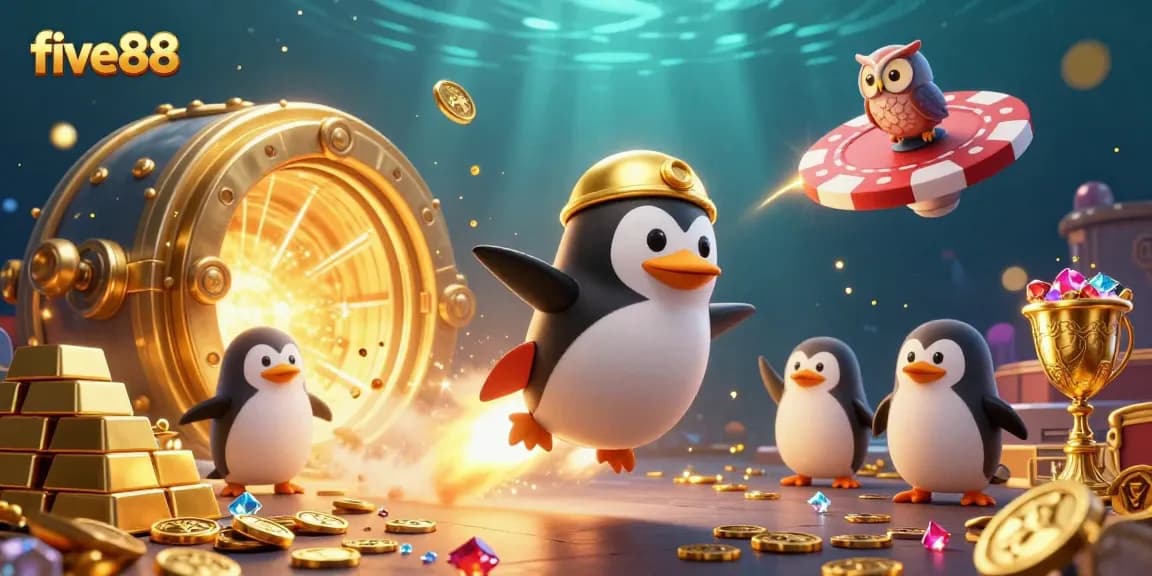 Experience the excitement of five88 with a vibrant 3D penguin-themed casino adventure in a stunning illustration.
