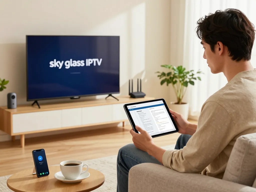 Sky Glass IPTV installation Guide being set up on a Smart TV in a cozy living room.