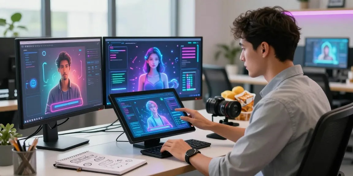 Engaging with an NSFW AI virtual assistant in a modern tech workspace filled with holographic interfaces and digital interactions.