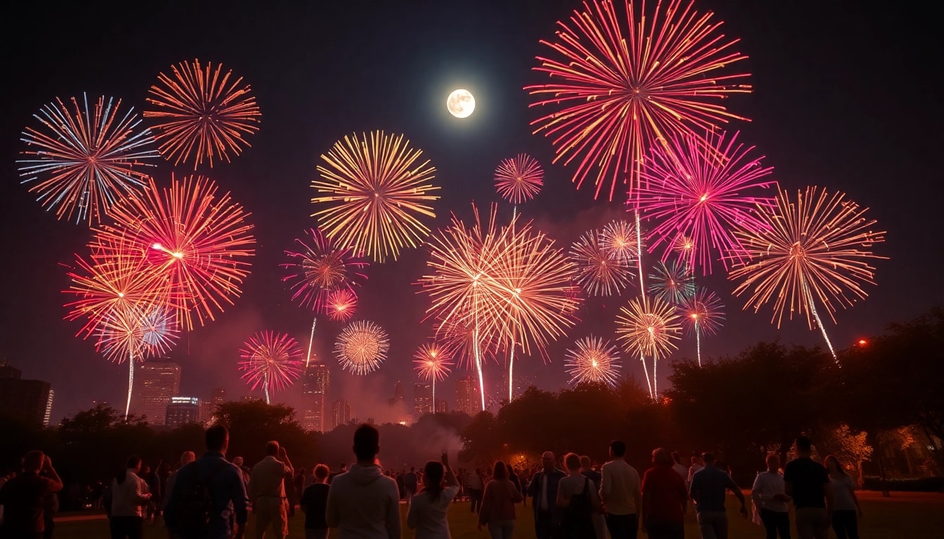 Experience fireworks for sale with families delightfully enjoying a vibrant night filled with colorful explosions.