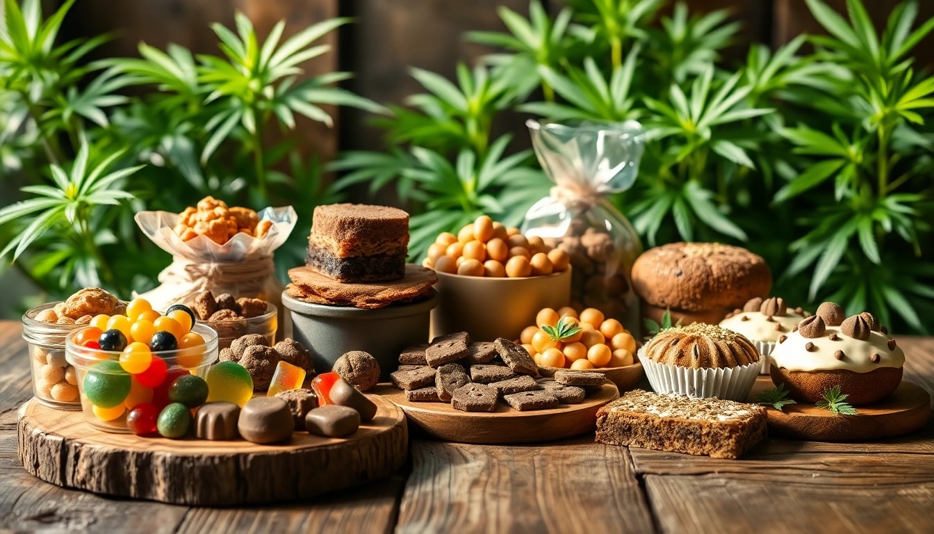 Buy Marijuana Infused Edibles Online UK with a colorful assortment of gourmet options on a rustic table.