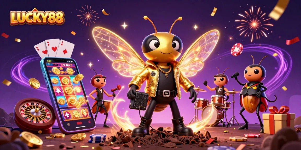 Experience LUCKY88 casino excitement with a vibrant 3D illustration of characters amid dynamic game elements.