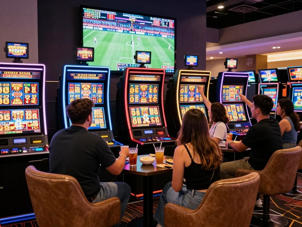 Thrilling moment at https://99wina.org/ as friends celebrate a big win in a modern online casino setting.