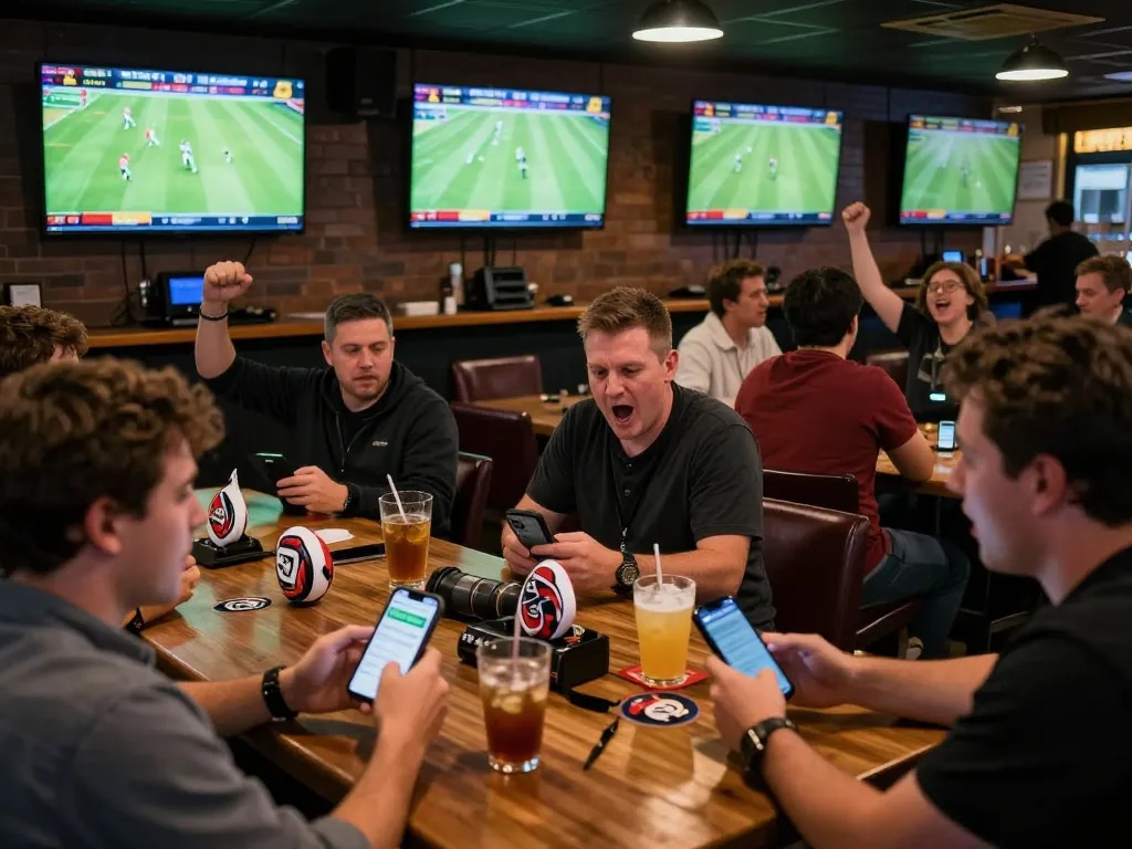 Kèo nhà cái scene showcasing enthusiastic fans engaging in sports betting at a lively sports bar.