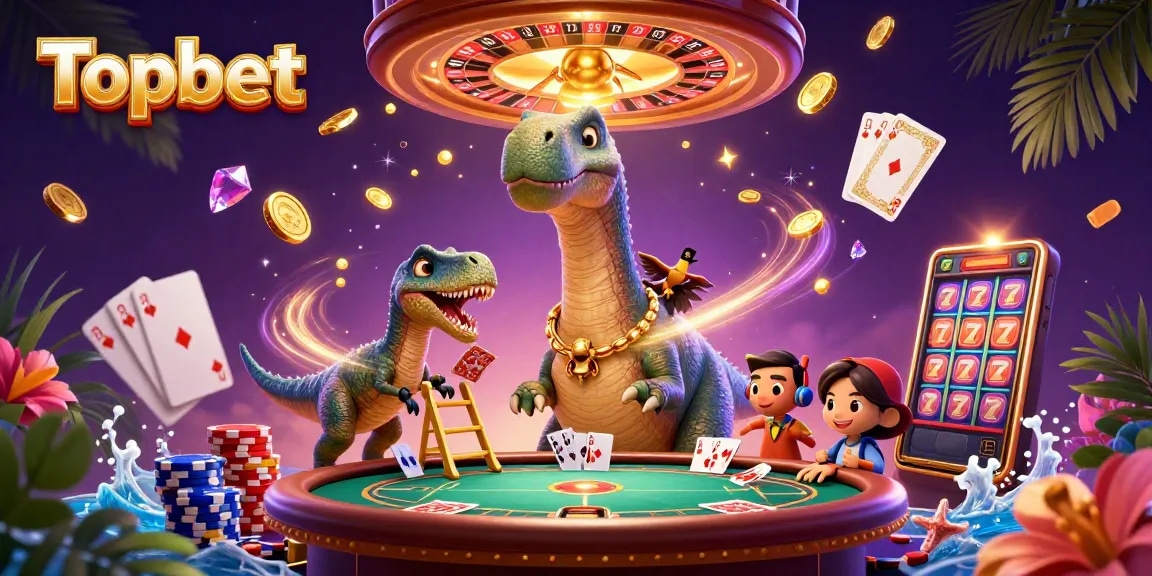 Topbet features a playful scene with a dinosaur interacting with cards and casino elements, showcasing vibrant gambling action.