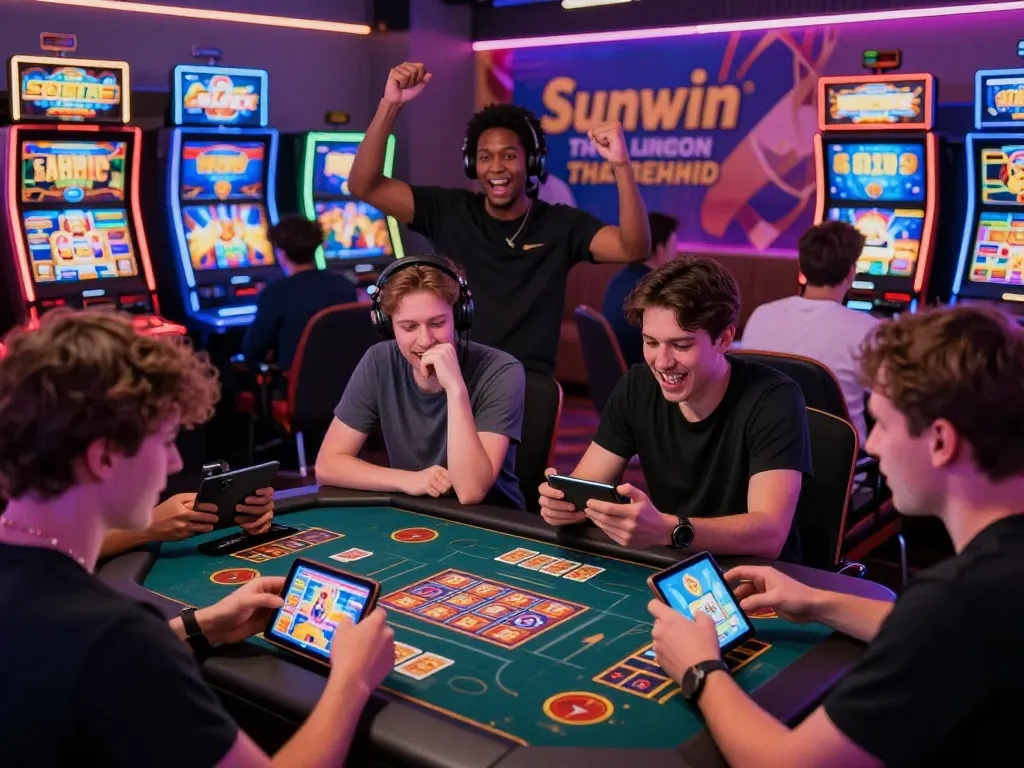 Diverse players enjoying games at Sunwin, showcasing vibrant graphics and excitement in a lively atmosphere.