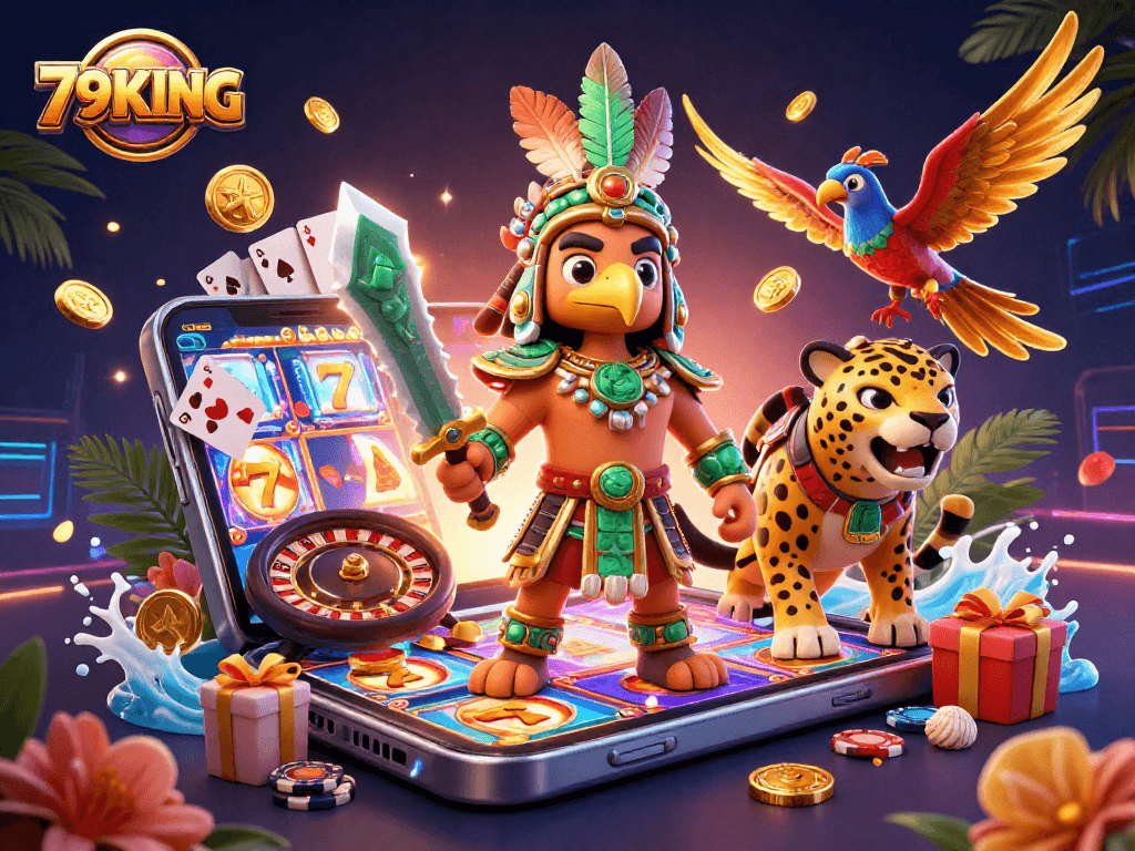 Spin exciting slots and explore 79KING with vibrant Aztec warriors amidst casino elements.