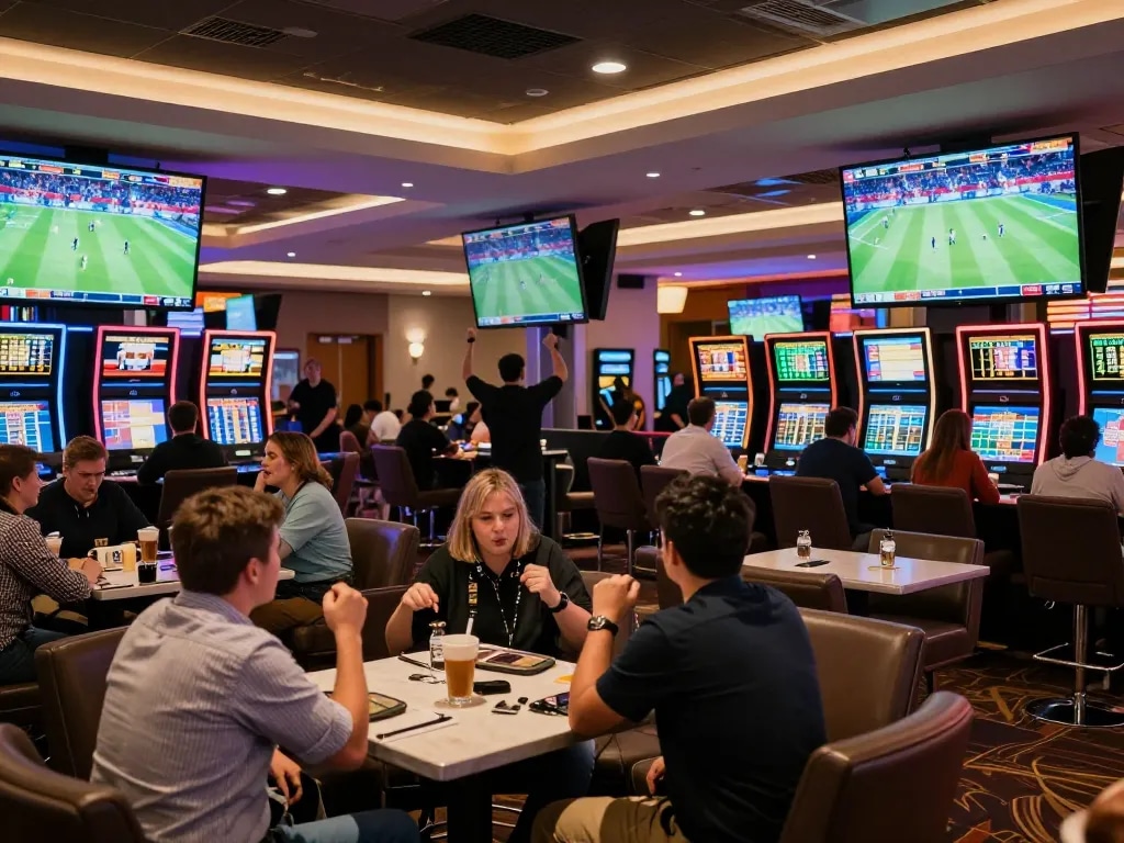 Betting strategies displayed in 99wincasino's lively sports lounge with fans engaged in game action