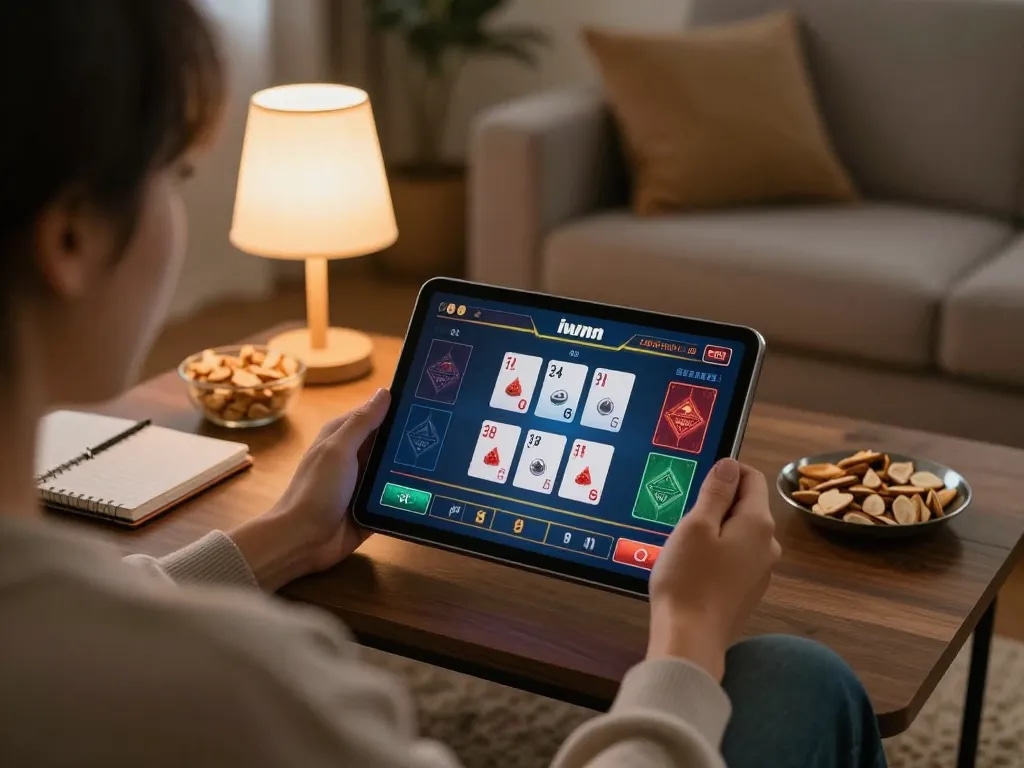 Enjoying a game on iwinn tablet in a cozy home setting with snacks and strategy notes.