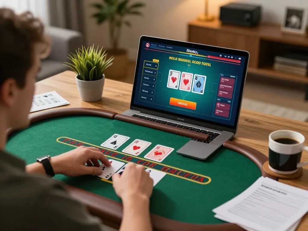 Player engaging in online blackjack at 8kbetbh on a laptop, focused on game strategy.