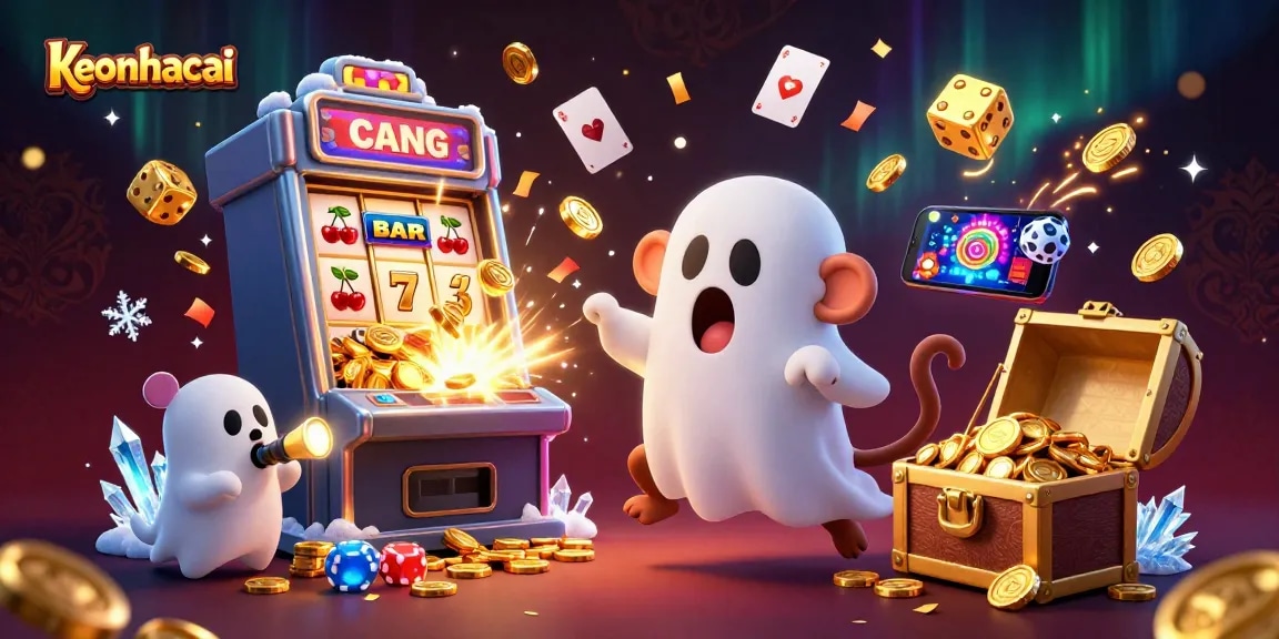 Watch the keonhacai magical scene with coins and poker elements igniting excitement in a haunted casino.