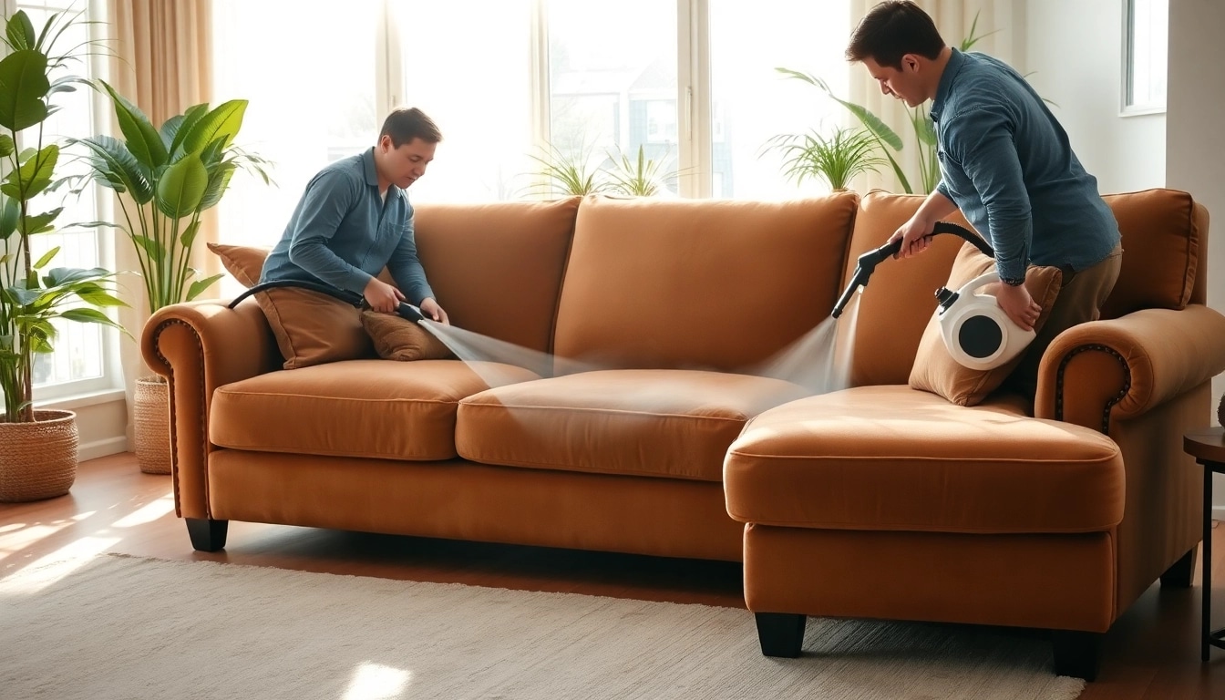 Couch cleaning in Glasgow, showcasing a cozy living room with a technician using a steam cleaner.