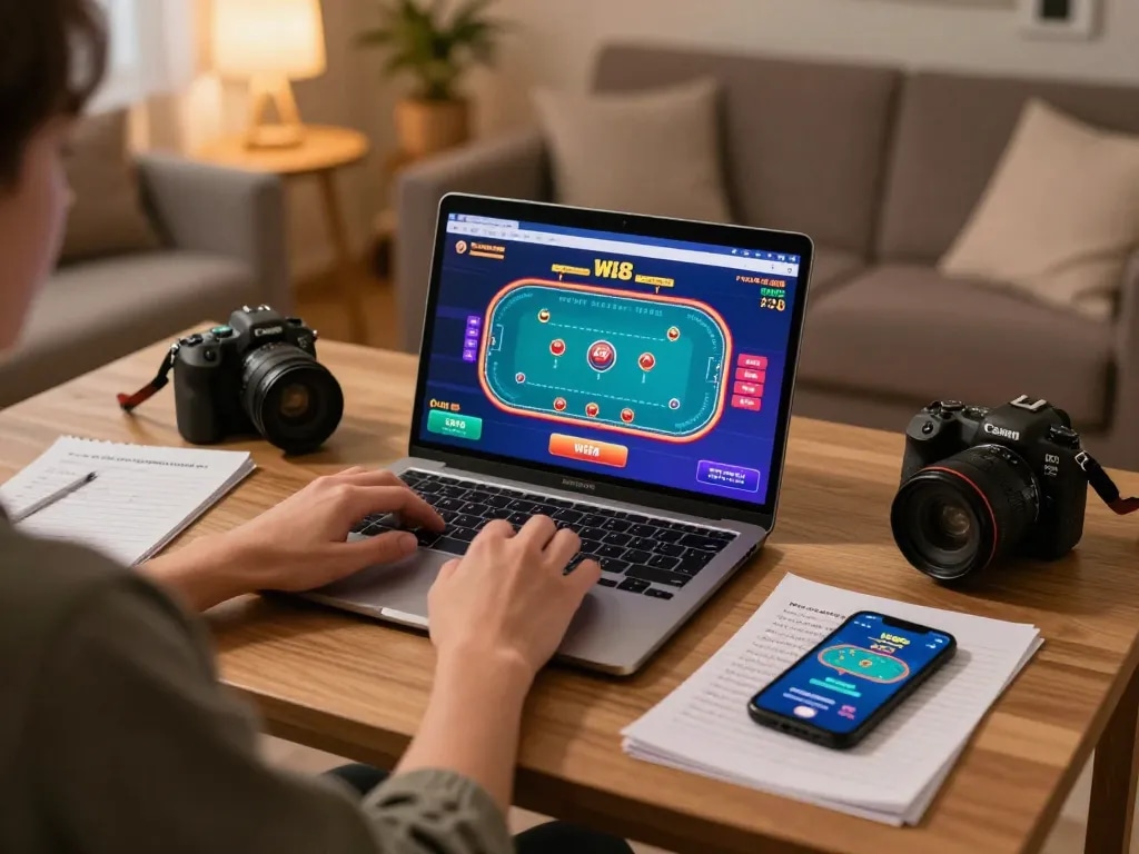 Player enjoying W88 online poker on laptop with colorful graphics in a cozy home office setup.