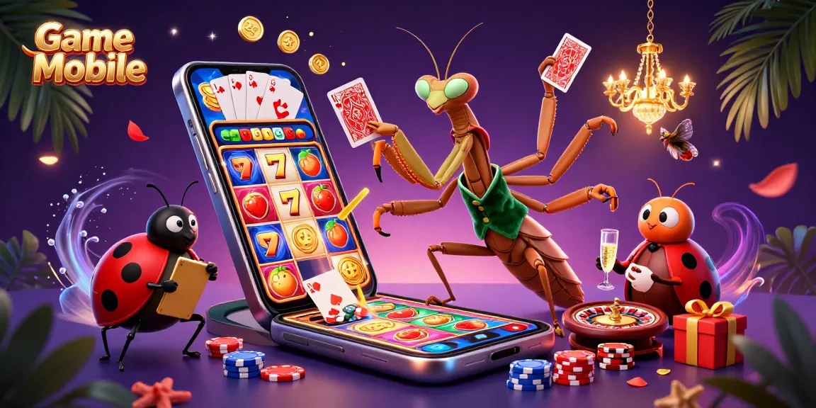 Engage in Game Mobile excitement with a lively 3D casino scene featuring playful characters.