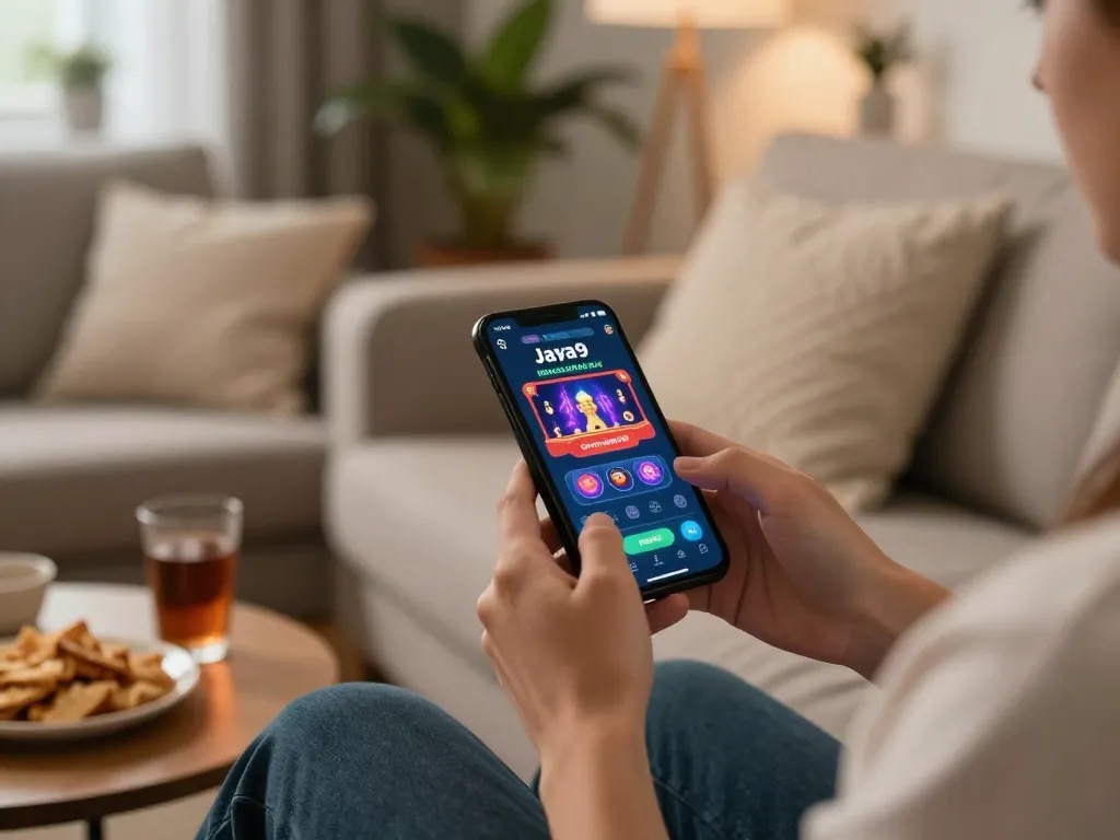 Experience dynamic gameplay with the Jaya9 App on smartphone in a cozy home setting.