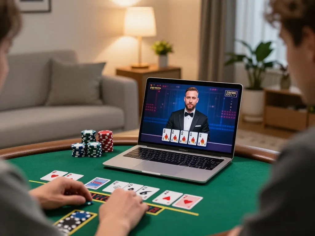 Engaging in strategic gameplay on the g28 homepage with live dealer blackjack, showcasing a cozy setting.