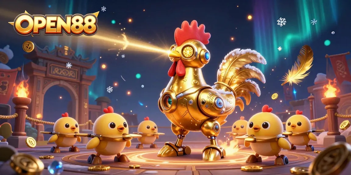 Experience thrilling gaming at OPEN88 with vibrant illustrations of animated characters and betting tokens.
