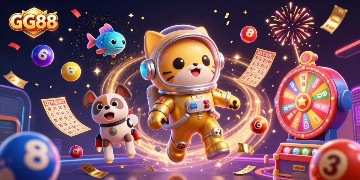 Engage in thrilling moments at GG88 with colorful lottery balls and dynamic casino elements.