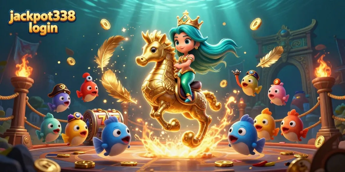 Join the jackpot338 login adventure with a mermaid and seahorse in a vibrant 3D casino scene.