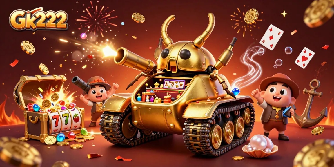 Engage with Gk222's vibrant casino scene featuring a golden beetle tank and exciting slot machines.