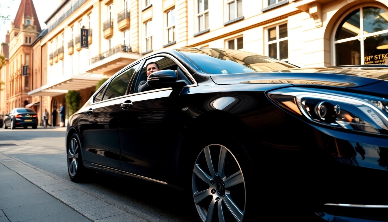 Professional chauffeur hire Nottingham with a luxury sedan outside a historic hotel in vibrant Nottingham