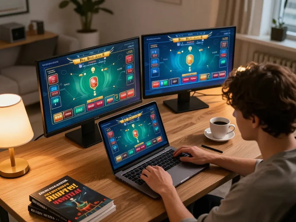 Player engaging in online blackjack at home, showcasing tg88 gaming experience with vibrant graphics and betting options.