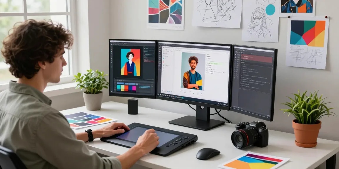 Designer generating image to prompt in a modern digital creative workspace, showcasing collaboration with AI tools.