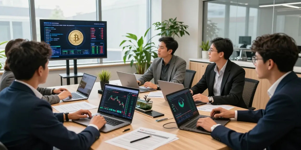 Invest in BRICS coins with professionals analyzing trends in a modern office setting.