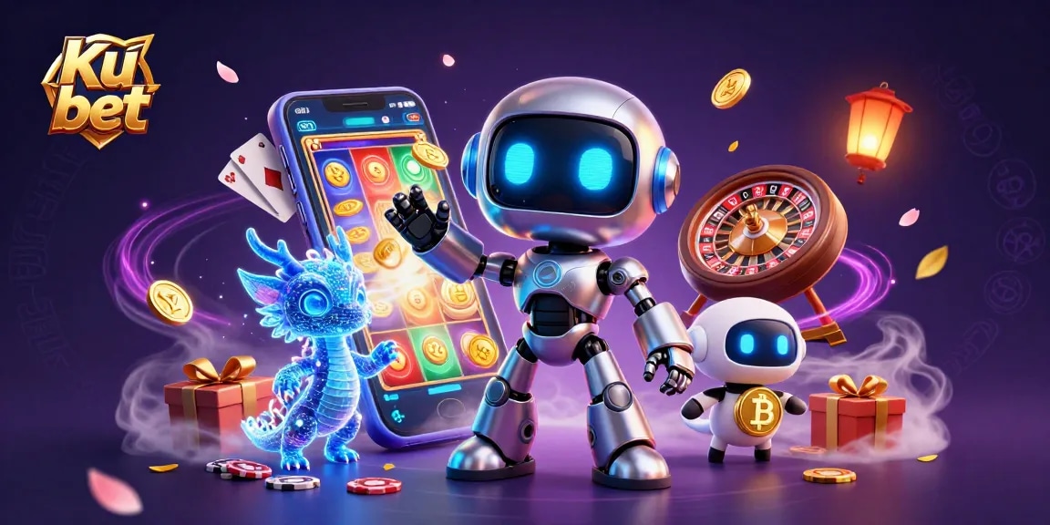 Experience thrilling gaming action at Ku bet with animated robot mascot and casino elements.