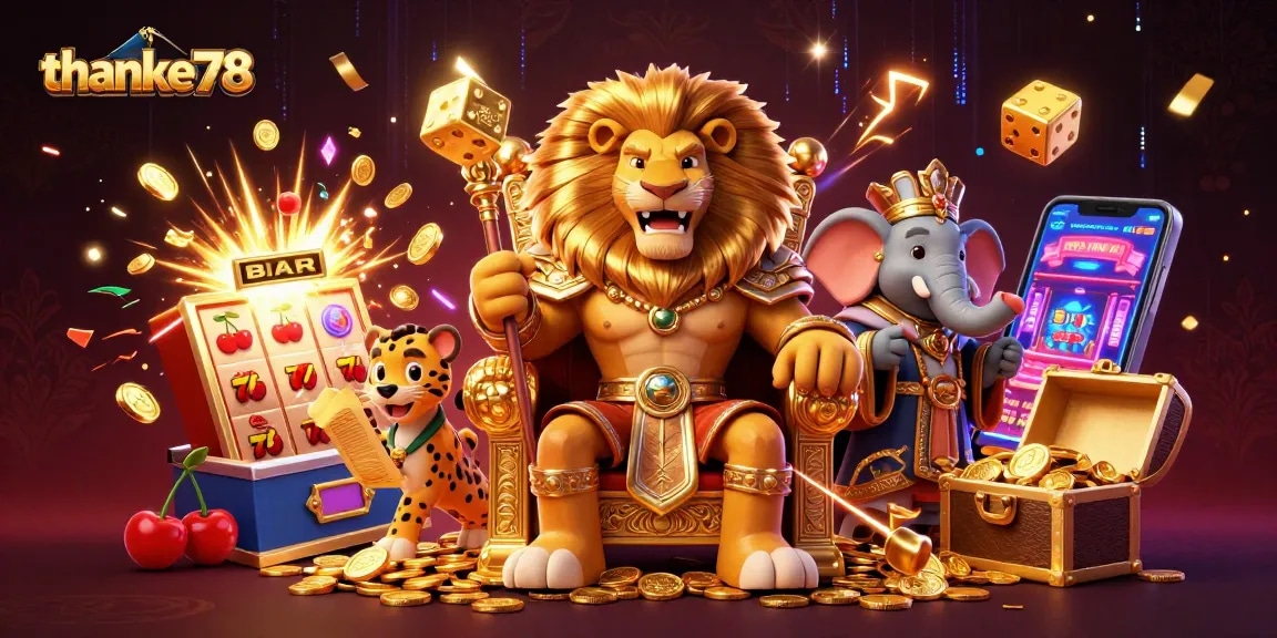 Enjoy excitement at thanke78 with a fierce lion king, dynamic slot machines, and colorful casino elements.