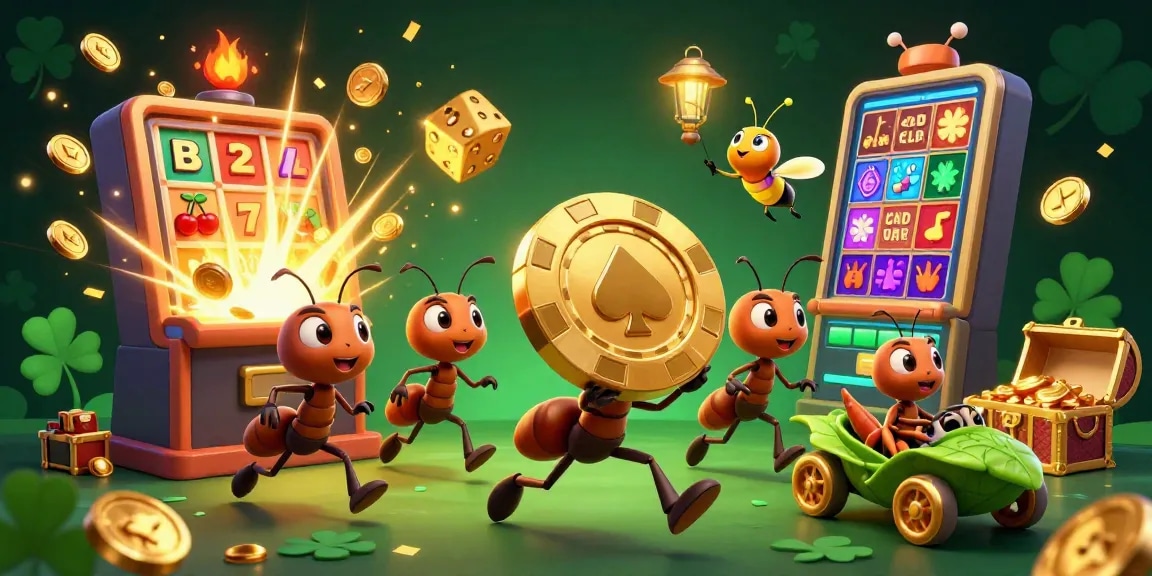 Win big with sunwin20 as ants carry a giant poker chip through a vibrant casino scene.