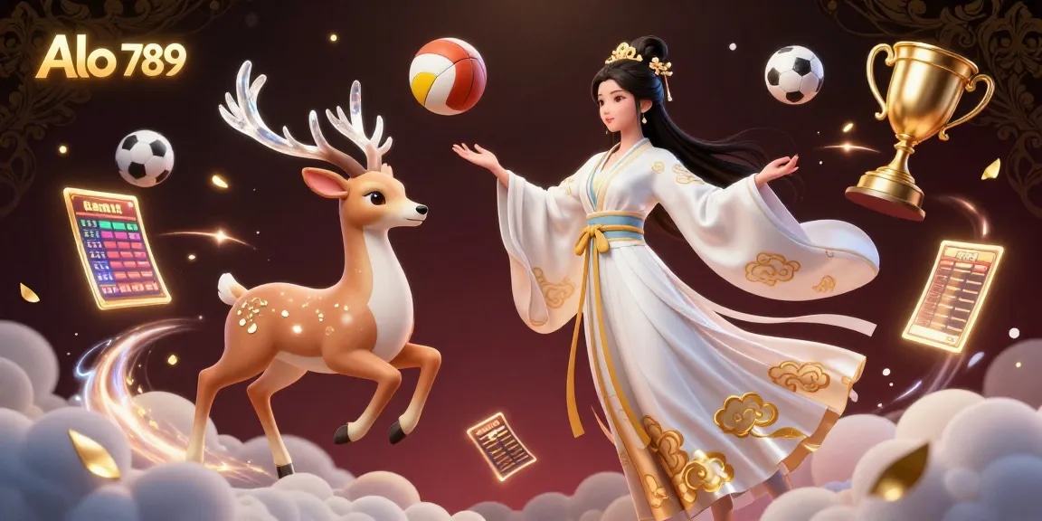 Alo 789 delivers thrilling sports betting action with a vibrant illustration featuring a floating Asian woman and dynamic game elements.