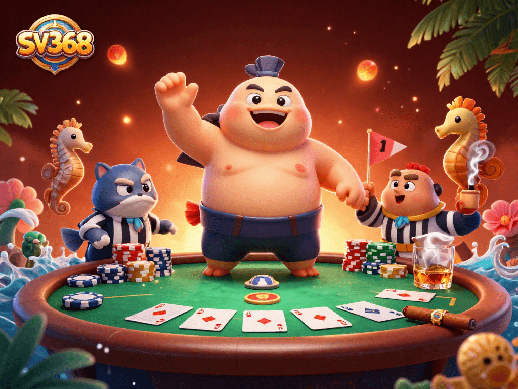 Engage with thrilling poker action at SV368 featuring a cartoon blowfish and whimsical ocean elements.