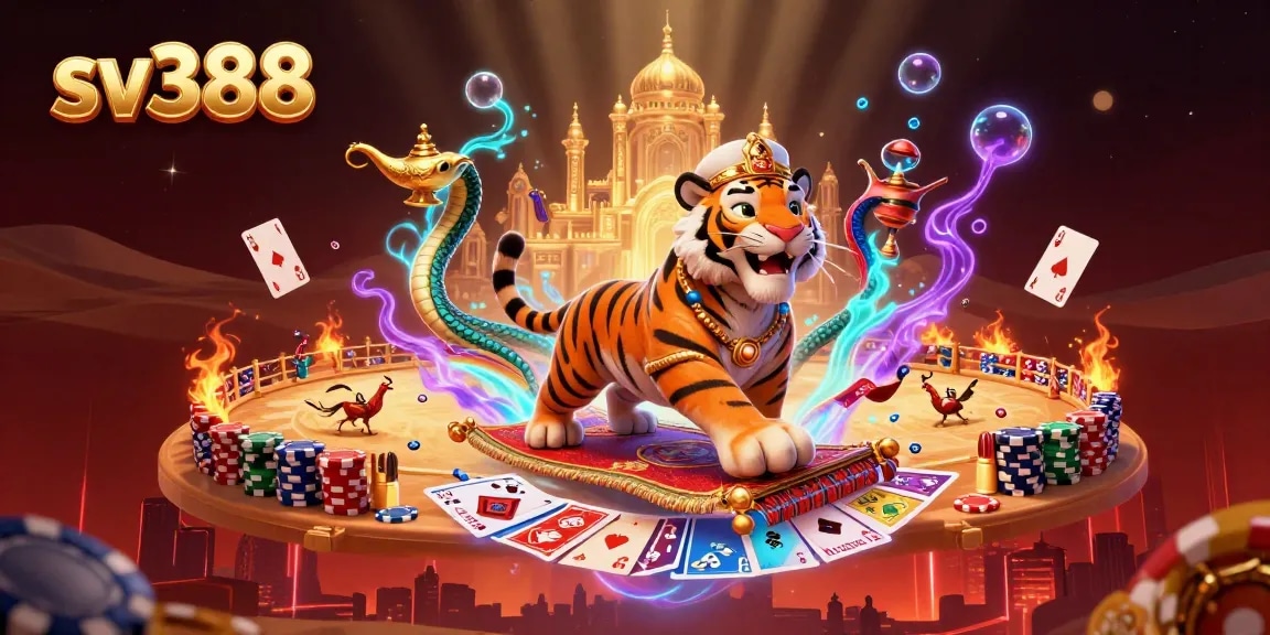 Watch the thrilling cockfighting action on sv388 as the tiger sultan flies through a vibrant casino world.