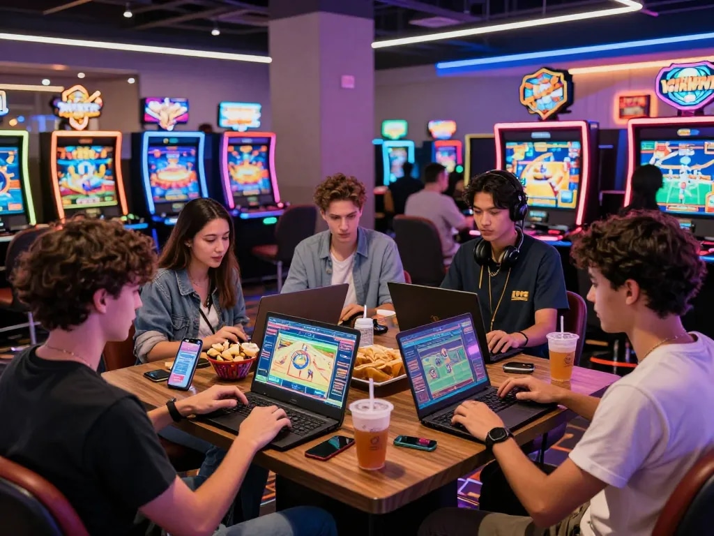 Enjoying online 娛樂城 gaming with friends in a vibrant digital casino atmosphere.