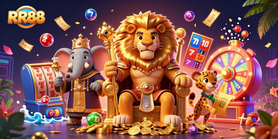 Experience thrilling wins at RR88 with the royal lion king, jackpot reels, and vibrant casino elements.