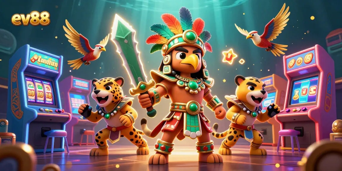 Unleash your luck and explore exciting games at ev88, featuring an Aztec warrior and vibrant casino elements.