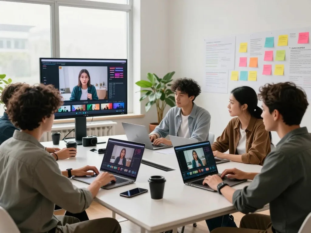 Creators collaborating in a modern workspace, converting video to prompt with innovative AI tools.