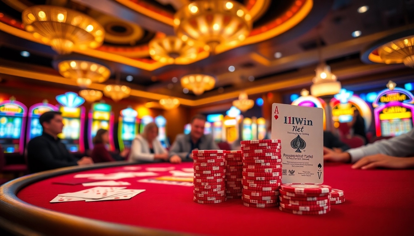 Poker excitement at 11win net with players, chips, and vibrant casino atmosphere.