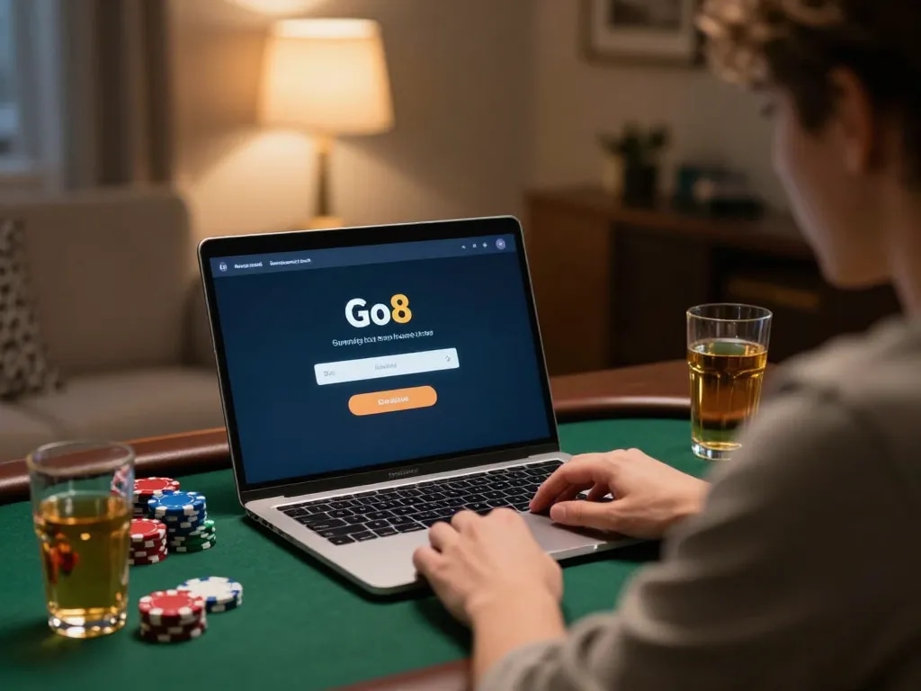 Engaging in online poker with Go8 đăng nhập on laptop, cozy home environment, strategic gaming