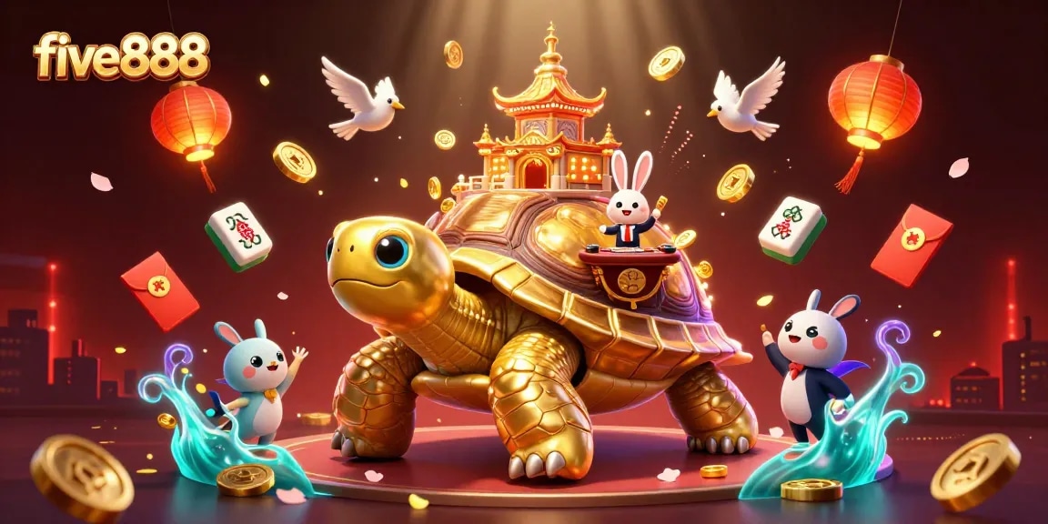 Experience excitement at five888 with a cartoon golden tortoise casino scene, featuring a rabbit dealer and flying coins.