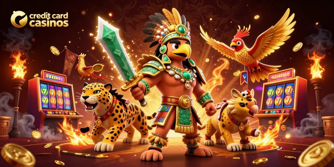 Experience thrilling gameplay at credit card casinos with an exciting illustration of warriors and casino elements.