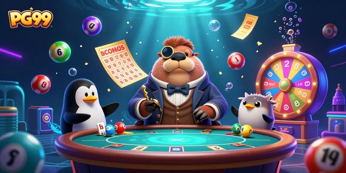 Experience excitement with PG99 at an immersive underwater casino scene featuring a walrus, penguin dealer, and pufferfish.
