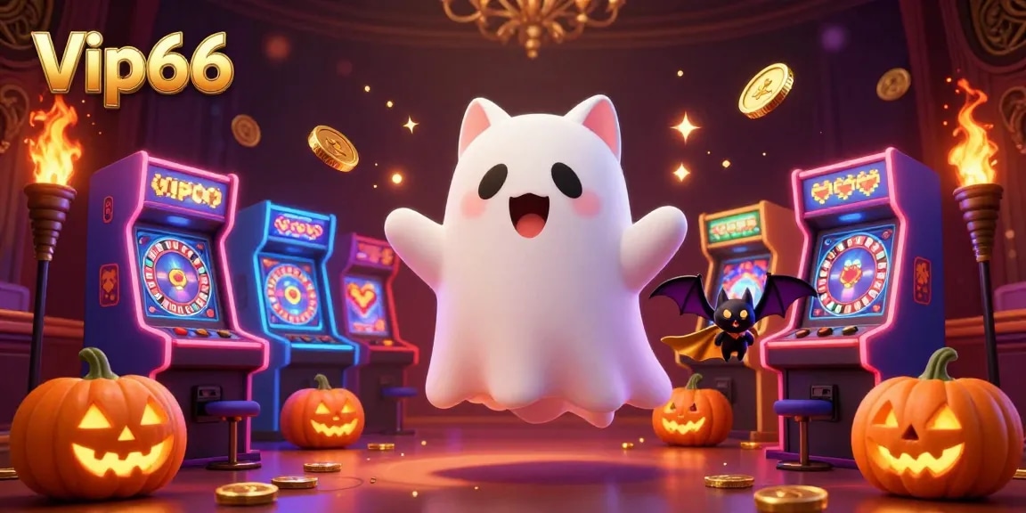 Play exciting games at Vip66, featuring a ghost cat and vibrant casino elements.