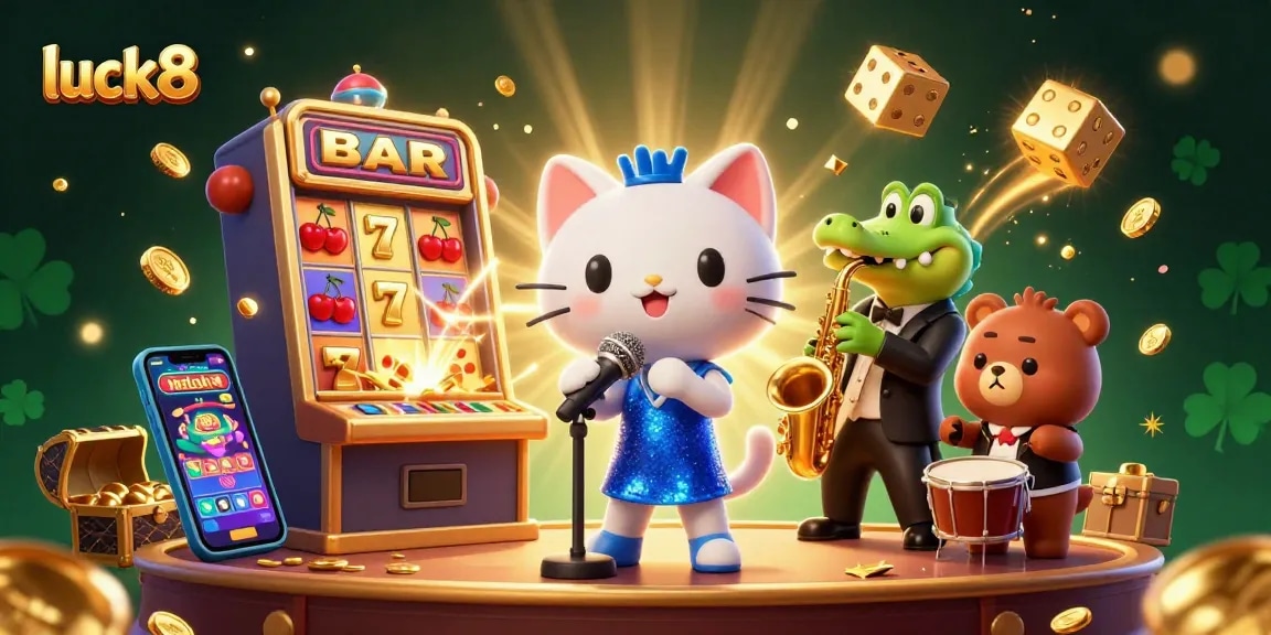 Engage with luck8 in a vibrant 3D casino scene showcasing animated characters and dynamic game elements.