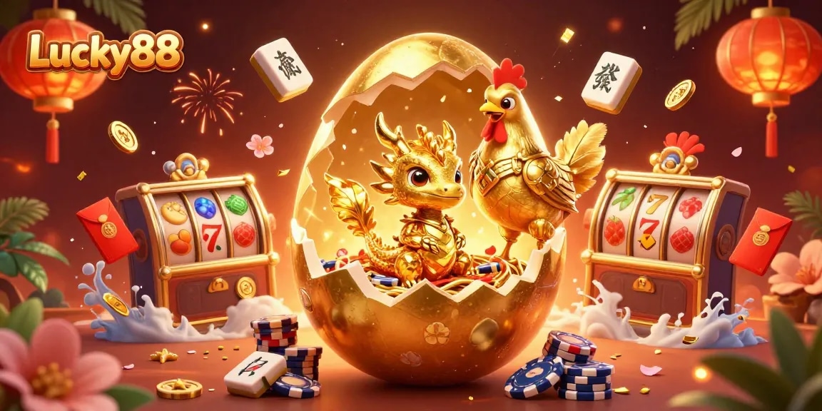 Experience winning opportunities with Lucky88's vibrant casino-themed illustration showcasing the golden dragon and poker chips.