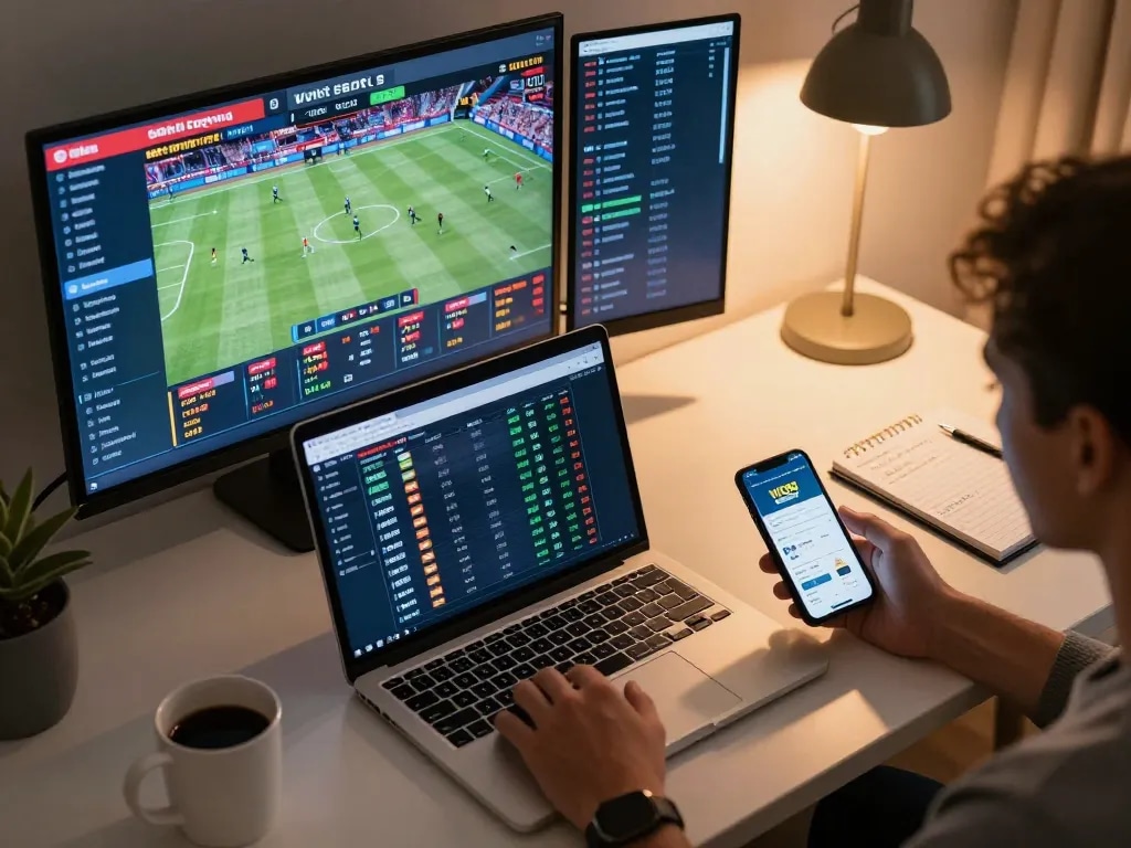 Engaging online sports betting moment with VIC88 app on smartphone, analyzing stats for strategic gameplay.