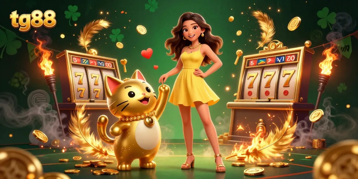 Experience thrilling gameplay with tg88 and a cheerful mascot in a vibrant casino scene.